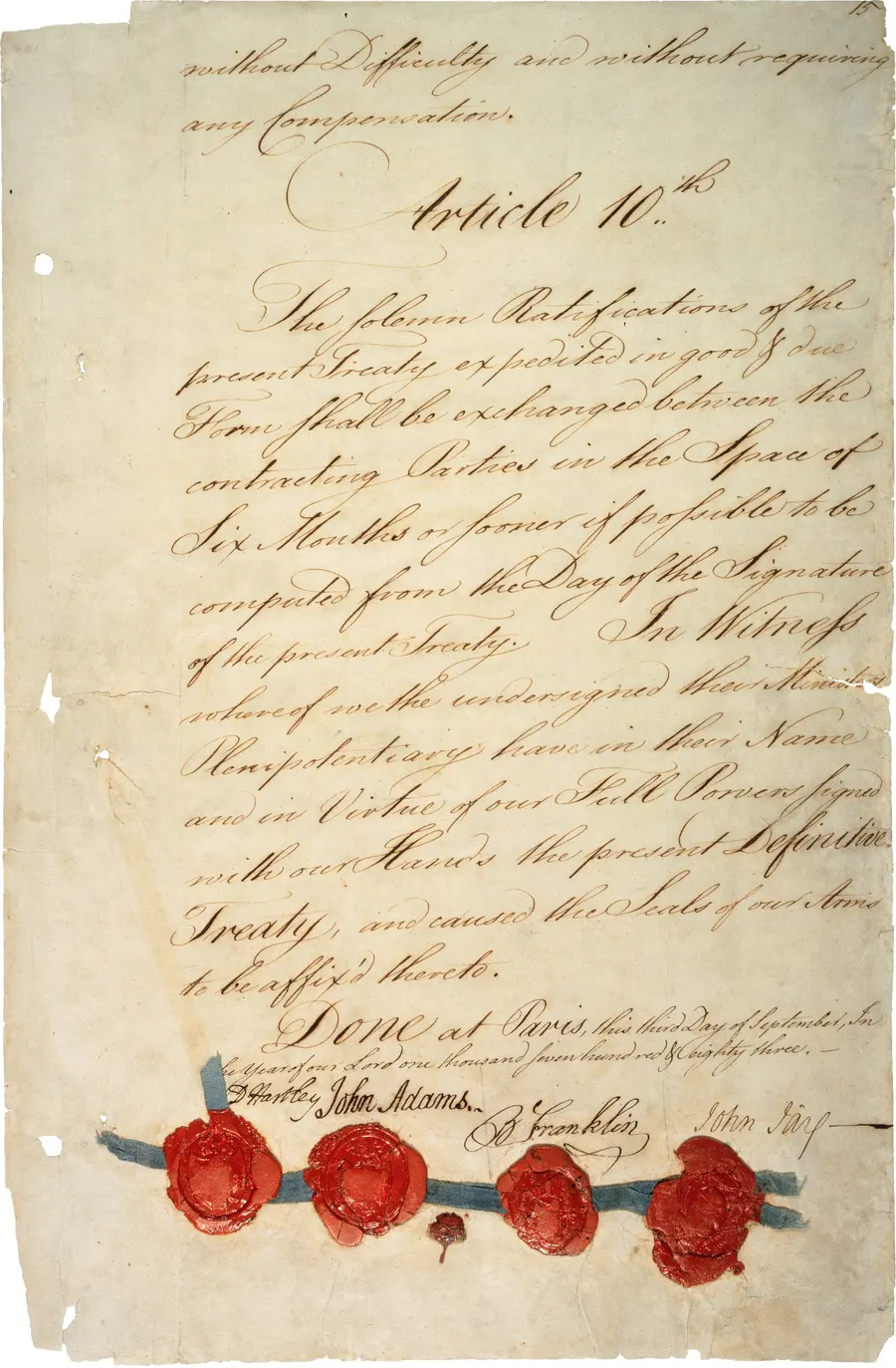 The last page of the Treaty of Paris of 1783, with the signatures and seals of David Hartley for Britain and John Adams, Benjamin Franklin and John Jay for the United States