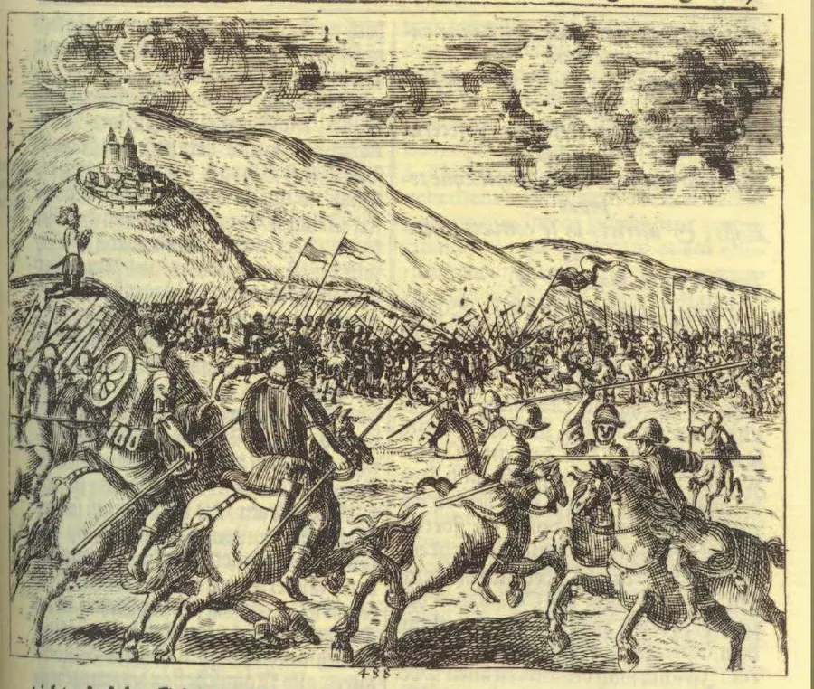 The battle between Theodosius and Eugenius, an engraving from Johann Weikhard von Valvasor's history of Carniola, 1689
