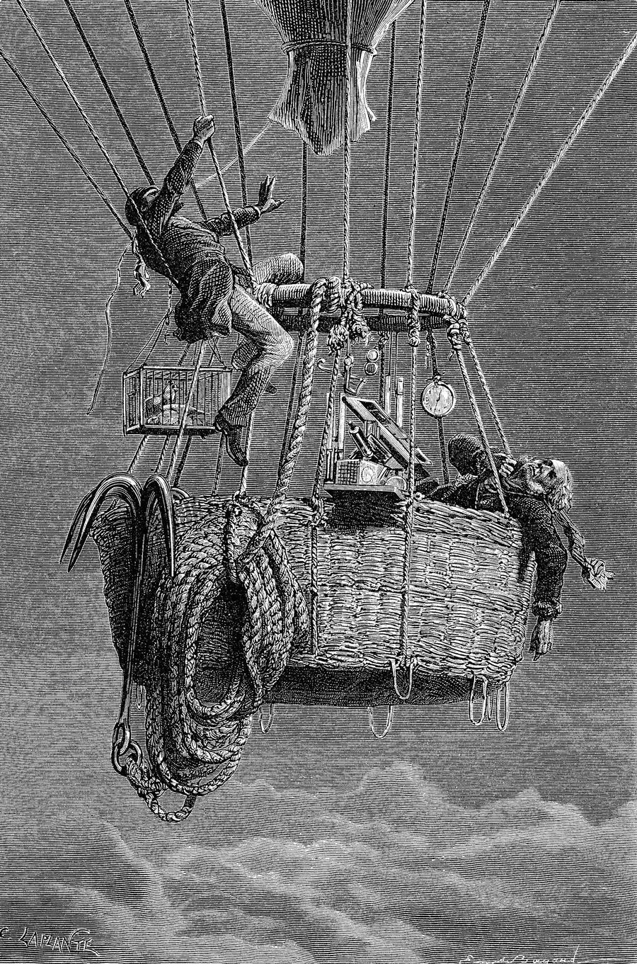 A 19th-century wood engraving after Émile Bayard: Henry Coxwell climbs into the rigging to free the valve cord while James Glaisher lies unconscious in the basket, 5 September 1862