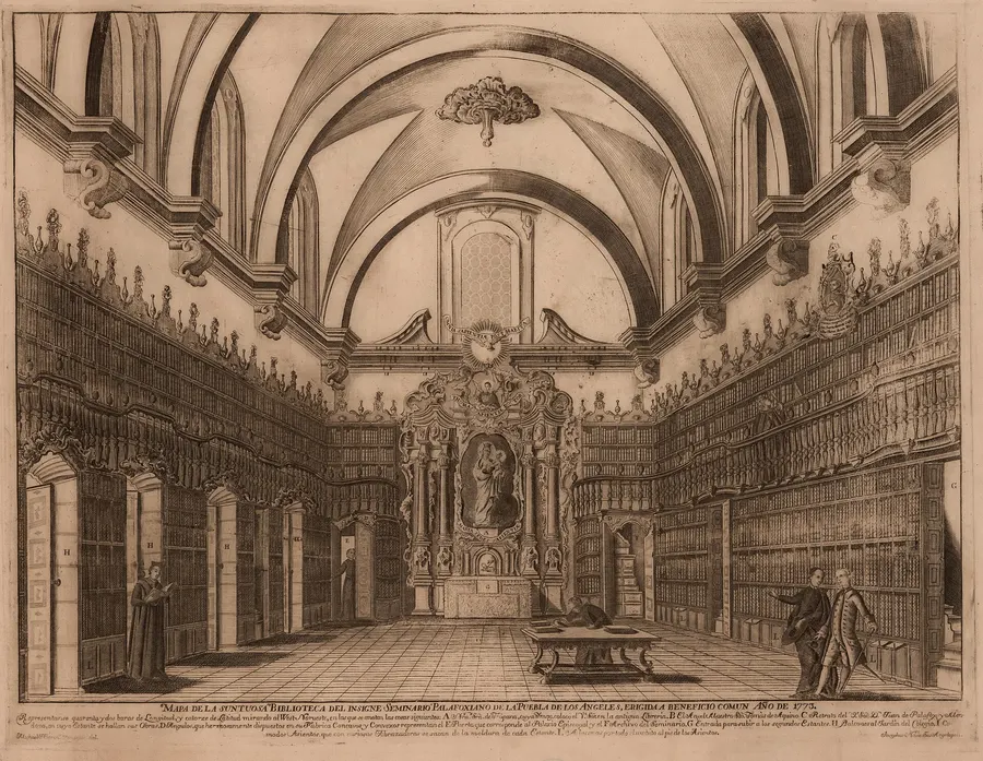 An engraving of 1773 by Miguel Jerónimo Zendejas and José Nava showing scholars and clergy at work in the Biblioteca Palafoxiana in Puebla