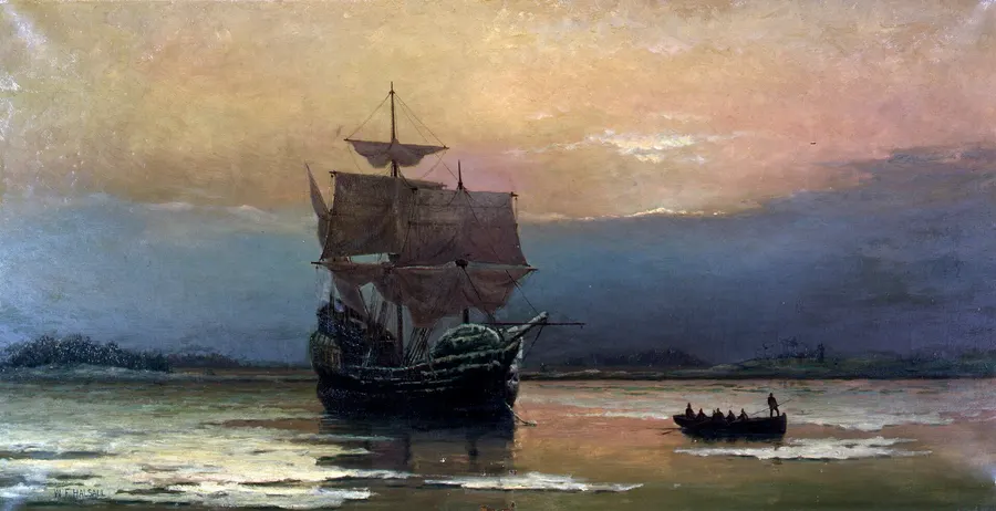 The Mayflower in Plymouth Harbor, a painting by William Halsall, 1882