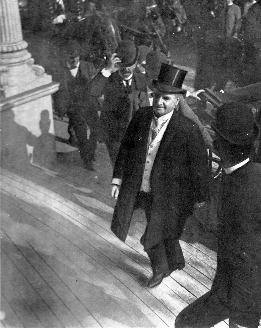 One of the last photographs of President William McKinley, climbing the steps of the Temple of Music in Buffalo on 6 September 1901