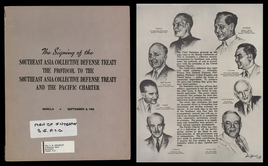 A commemorative booklet for the signing of the Southeast Asia Collective Defense Treaty at Manila on 8 September 1954, with portraits of the delegates