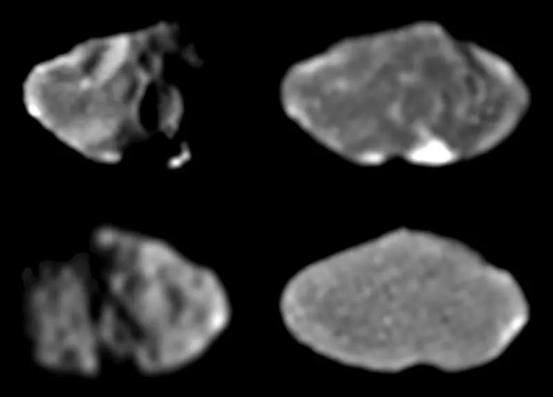 Four views of Jupiter's small inner moon Amalthea taken by NASA's Galileo spacecraft