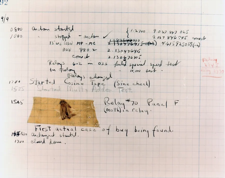 The page of the Mark II logbook for 9 September 1947 with the moth taped beside the entry 'First actual case of bug being found'