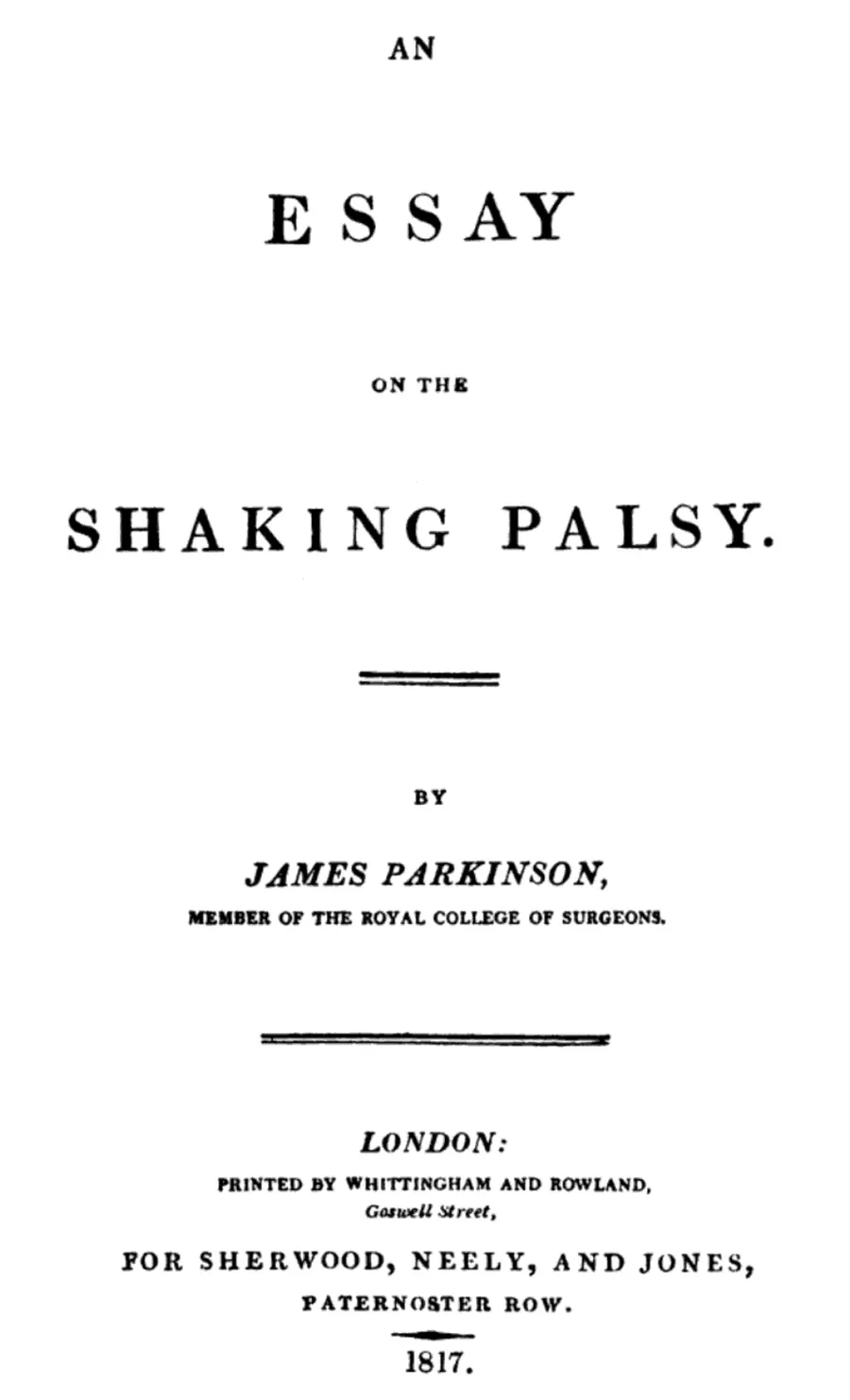 The title page of James Parkinson's An Essay on the Shaking Palsy, 1817.