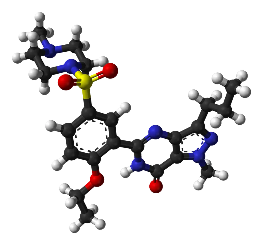 A ball-and-stick model of the sildenafil molecule.