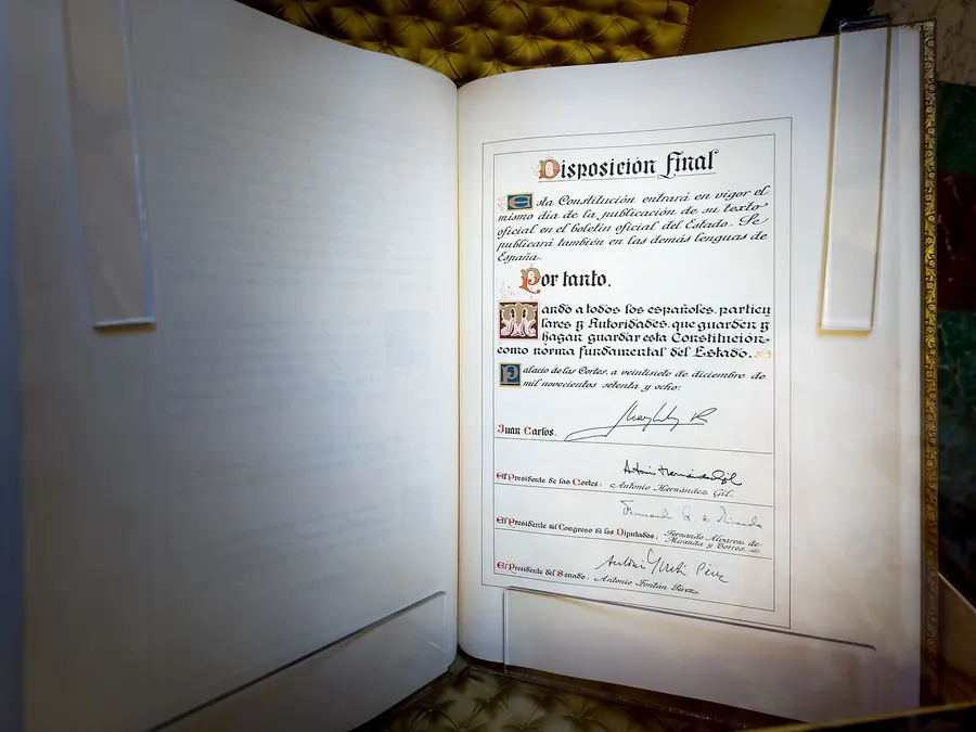 An original copy of the 1978 Constitution on display in the Congress of Deputies, Madrid.