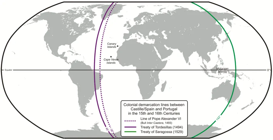 A modern map of the lines dividing the Spanish and Portuguese spheres under the treaties of Tordesillas (1494) and Zaragoza (1529).