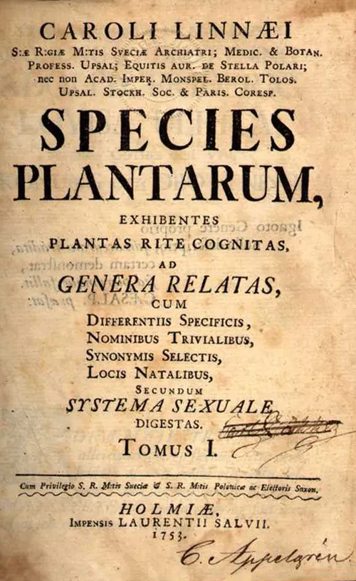 The title page of the first volume of Species Plantarum, Stockholm, 1753.