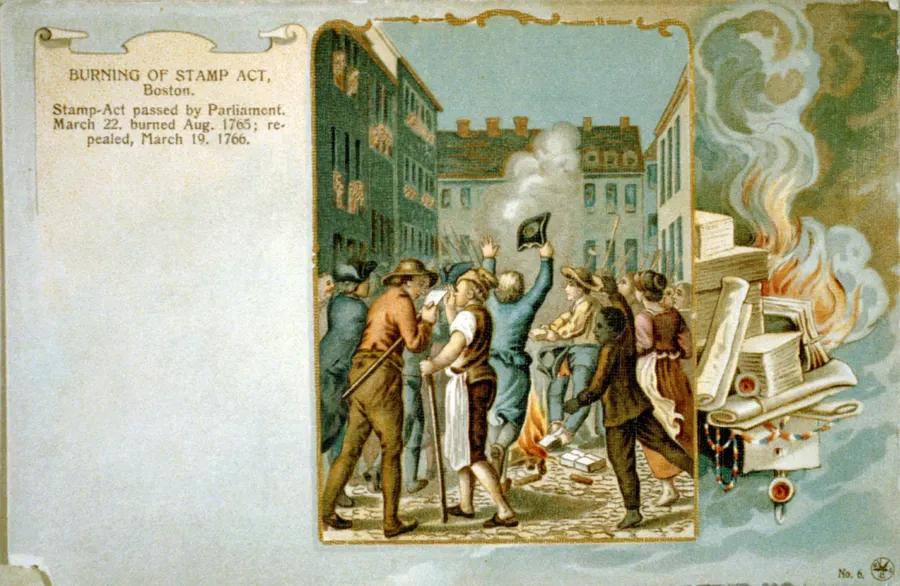 The burning of stamped paper in Boston, as pictured on a postcard of 1903.