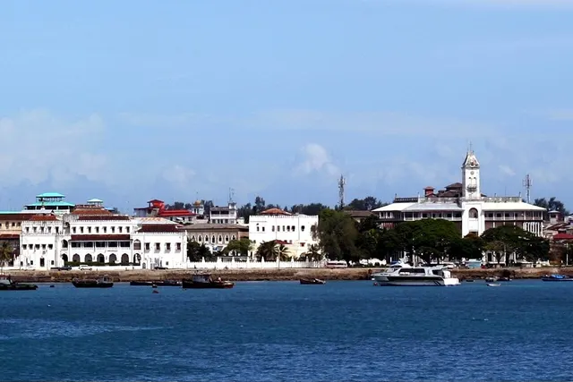 Stone Town, the old quarter of Zanzibar City, seen from the water.
