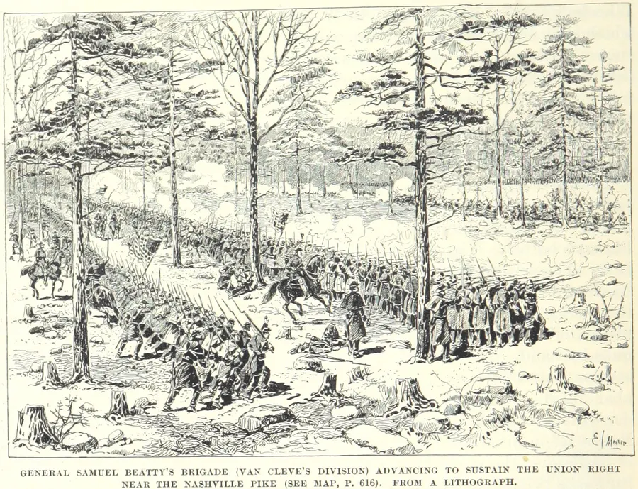 Samuel Beatty's Union brigade advancing at Stones River; an engraving published in 1887 from a wartime sketch.