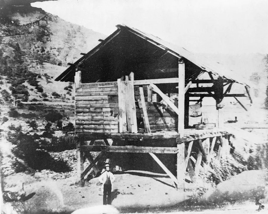 James Marshall in front of Sutter's Mill, where gold was found in January 1848, from a daguerreotype of about 1850 by R. H. Vance.