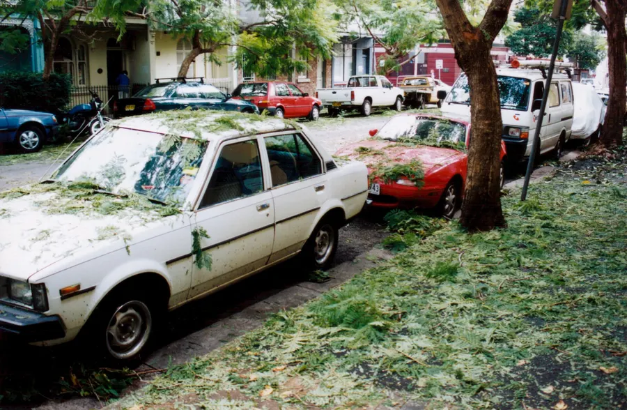 Cars damaged by the Sydney hailstorm, April 1999.