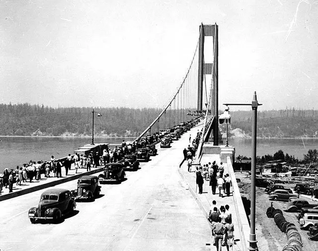 The Tacoma Narrows Bridge on its opening day, 1 July 1940.