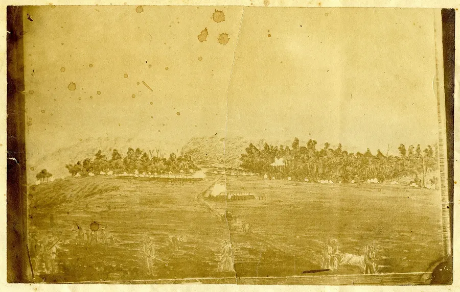 A sketch of British positions at Huirangi in Taranaki during the war, 1861 (Archives New Zealand).