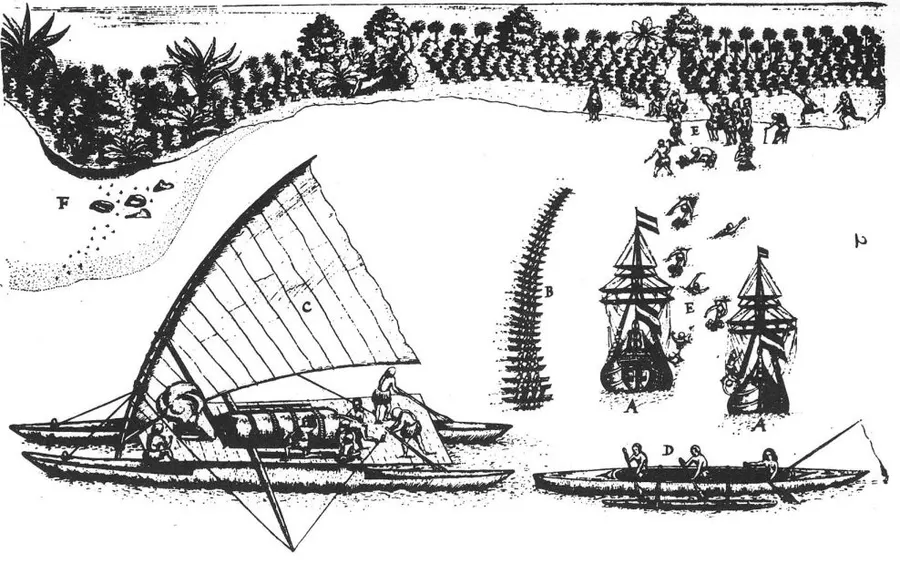 Tasman's two ships at anchor off Tongatapu, with the islanders' canoes and gifts; a woodcut after Isaack Gilsemans, the expedition's artist.
