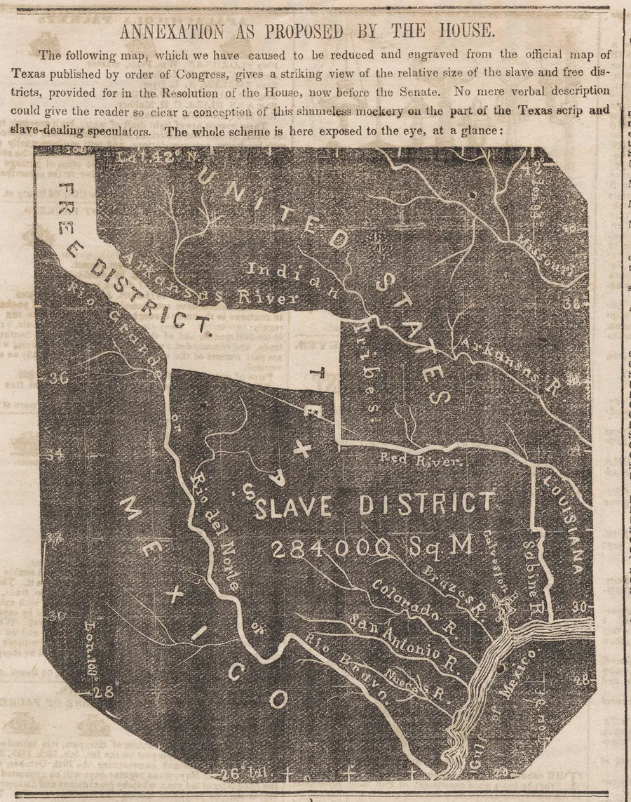 An 1845 newspaper map opposing annexation, which labels Texas a 'slave district'.