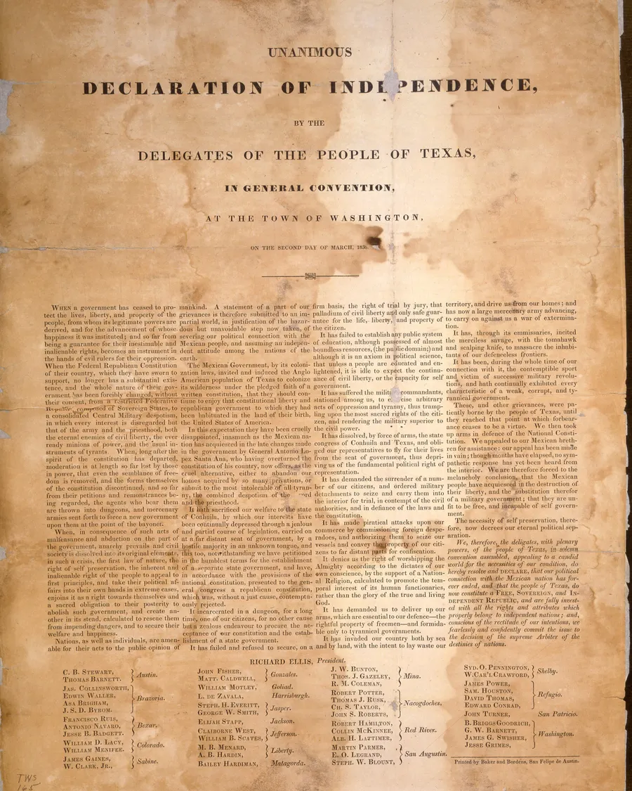 A printed broadside of the Texas Declaration of Independence, 1836.