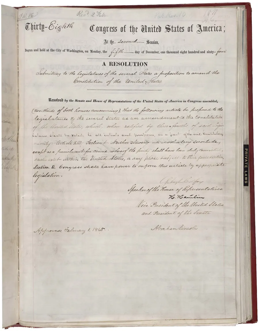 The joint resolution of Congress proposing the Thirteenth Amendment, held by the US National Archives.