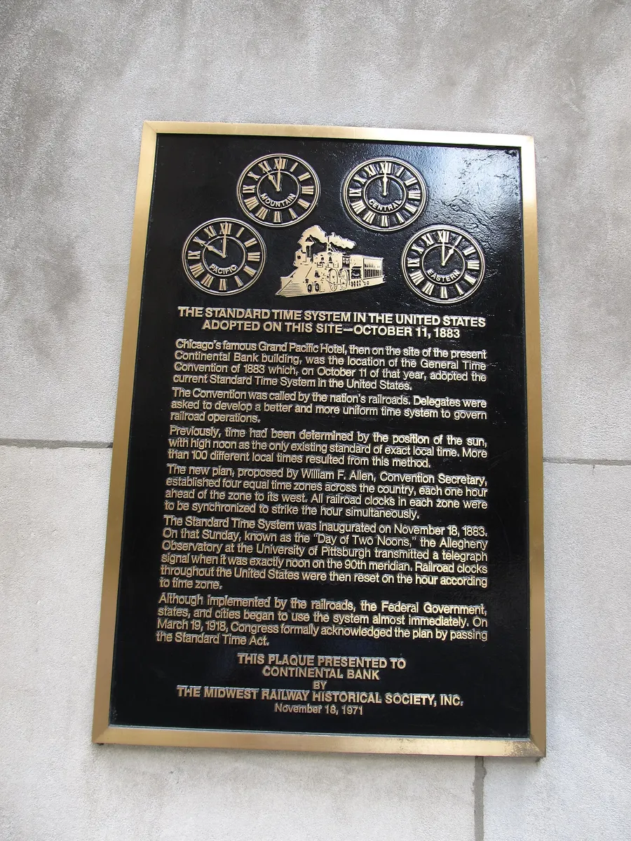 A plaque in Chicago marking where the railways agreed the standard time system in October 1883.