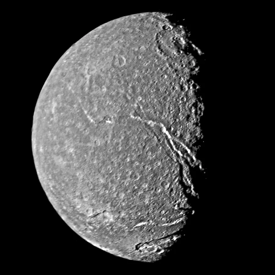 Titania, the largest moon of Uranus, photographed by Voyager 2 on 24 January 1986.