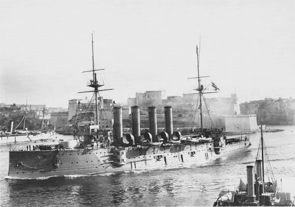 HMS Aboukir passing Fort St Angelo, Malta.