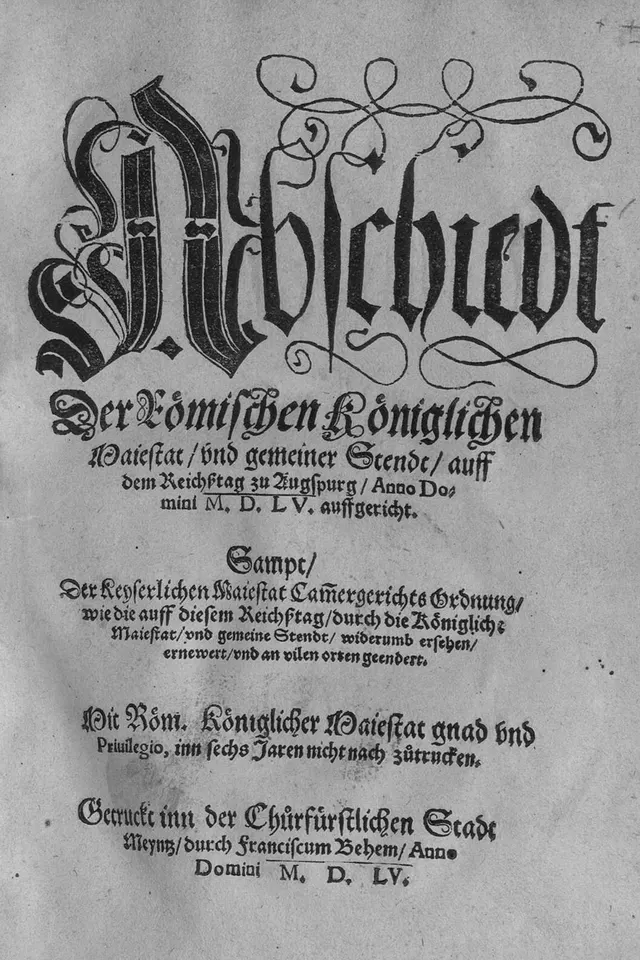 The title page of the printed Peace of Augsburg, Mainz, 1555.