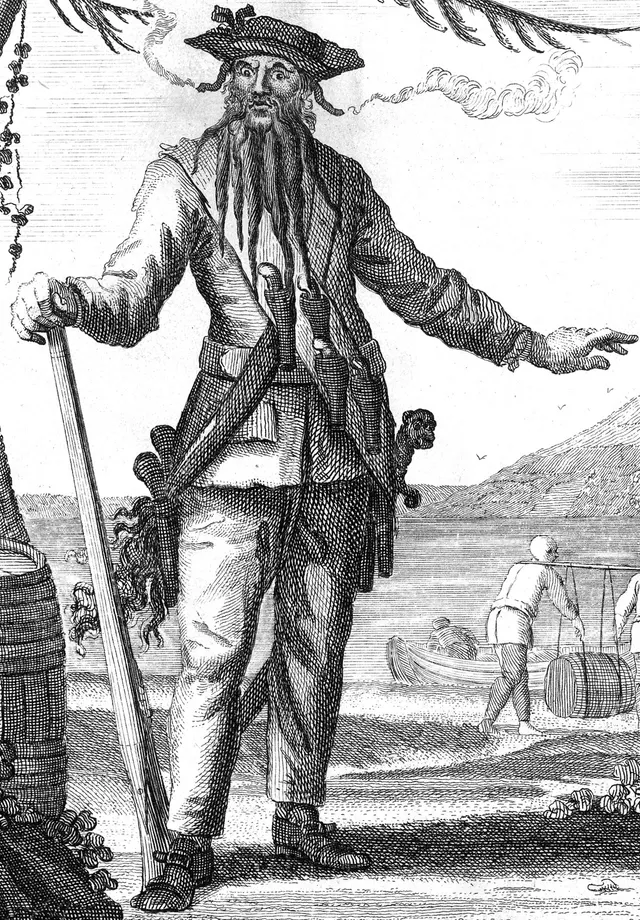 Blackbeard, in an engraving published in a history of the pirates, about 1736.