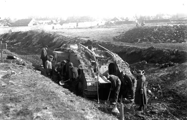 A wrecked British tank near Cambrai, November 1917.