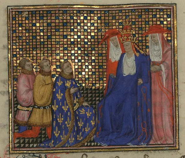Clement VII receives the Duke of Anjou at Avignon, in a 15th-century manuscript.
