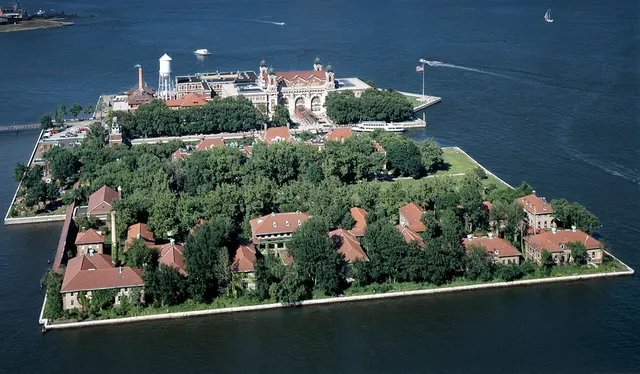 Ellis Island in New York Harbor from the air, photographed by Carol M. Highsmith.
