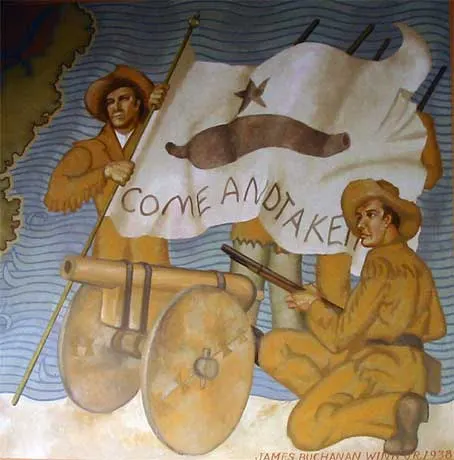 The 'Come and Take It' flag, in a mural at the museum in Gonzales, Texas.