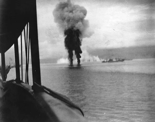 Smoke from two Japanese planes shot down on 12 November 1942, the first day of the battle.