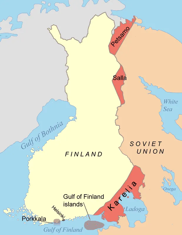 Map of the Finnish territory ceded to the Soviet Union in 1944.