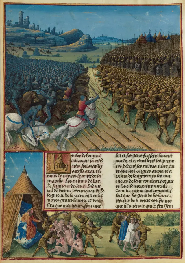 The Battle of Nicopolis in a 15th-century French manuscript by Sébastien Mamerot.