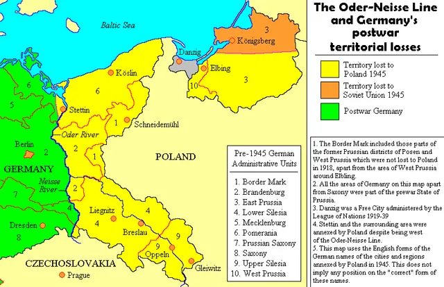 Map of the Oder-Neisse line and the territory Germany lost after 1945.