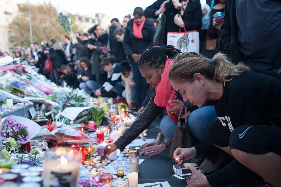Flowers and candles for the victims at the Place de la République, Paris, 15 November 2015.