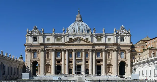 The facade and dome of St Peter's Basilica in Rome.