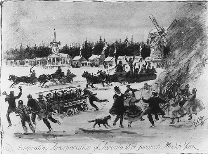 Celebrating the incorporation of Toronto in 1834, from a lithograph by Frederic Waistell Jopling, 1909.
