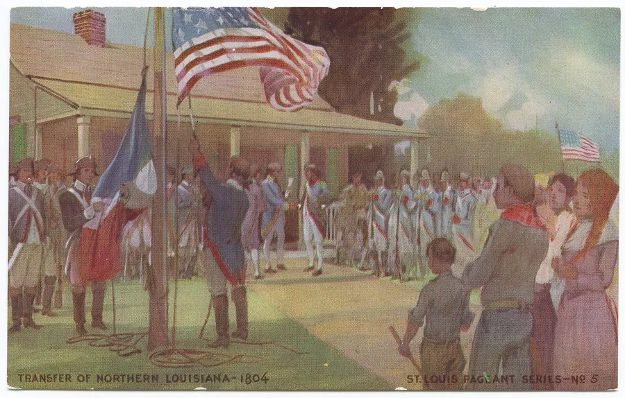 The transfer of Upper Louisiana at St Louis, as imagined in a pageant print of 1914.