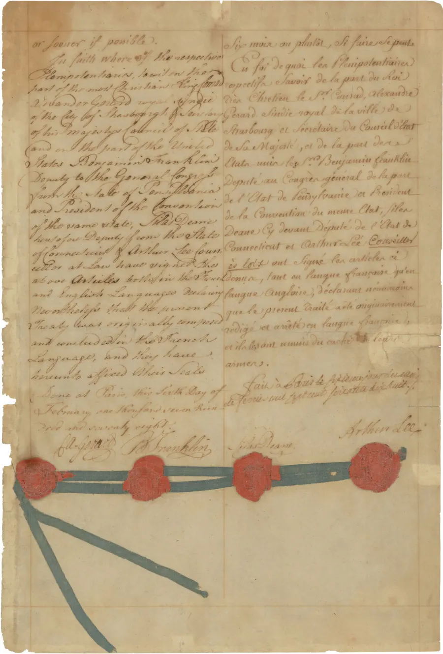 The signature page of the Treaty of Alliance between France and the United States, 6 February 1778, with its seals.