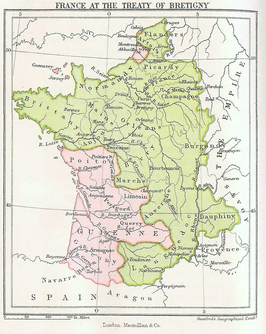 A 19th-century map of France at the time of the Treaty of Brétigny, from John Richard Green's history of England.