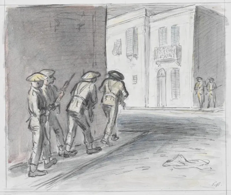 British soldiers moving warily through a street as they enter Tripoli in the early morning; a wartime drawing by Edward Ardizzone (Imperial War Museums).