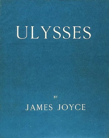 The blue cover of the first edition of Ulysses, published in Paris by Shakespeare and Company in 1922.