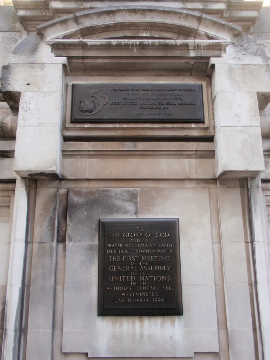The plaques at Methodist Central Hall, Westminster, marking the first meeting of the UN General Assembly.