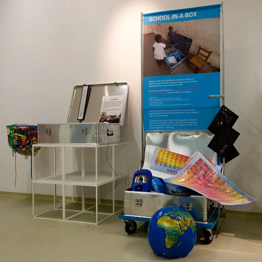 A UNICEF School-in-a-Box kit, one of the standard supply packages sent to emergencies.