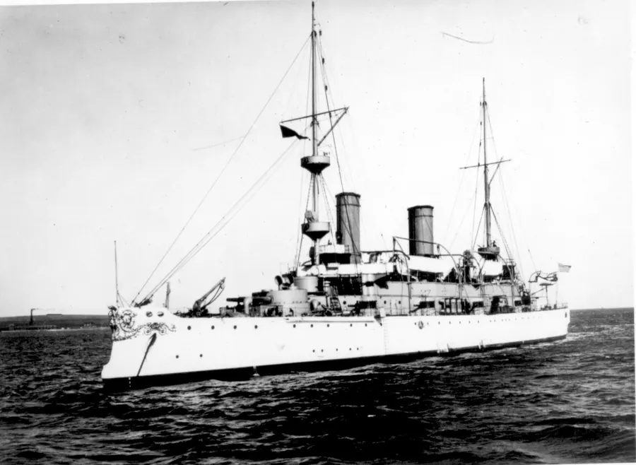 USS Olympia, Commodore Dewey's flagship at Manila Bay, photographed in 1902.