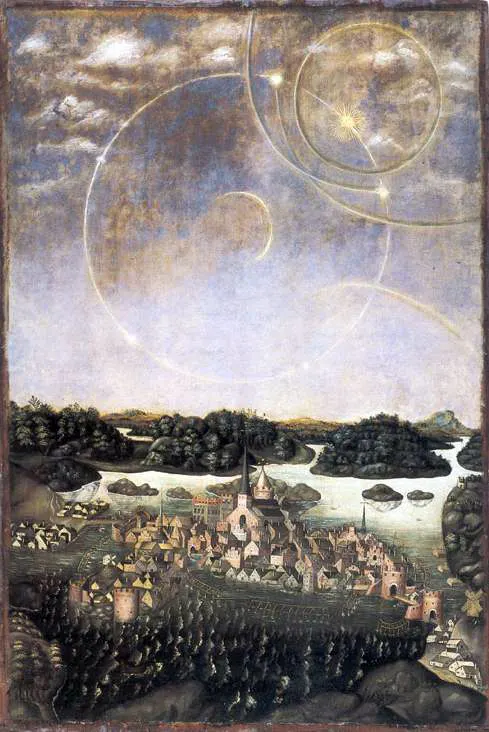 The Sun Dog Painting: a 1636 copy of the lost original, showing the halo display over Stockholm in 1535.